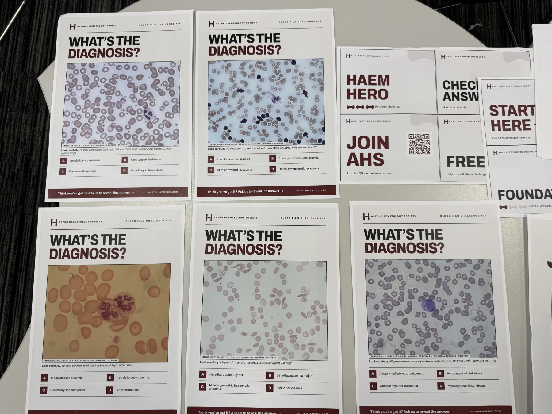 Blood-film diagnosis challenges and Aston Haematology Society activity cards at Med Fair