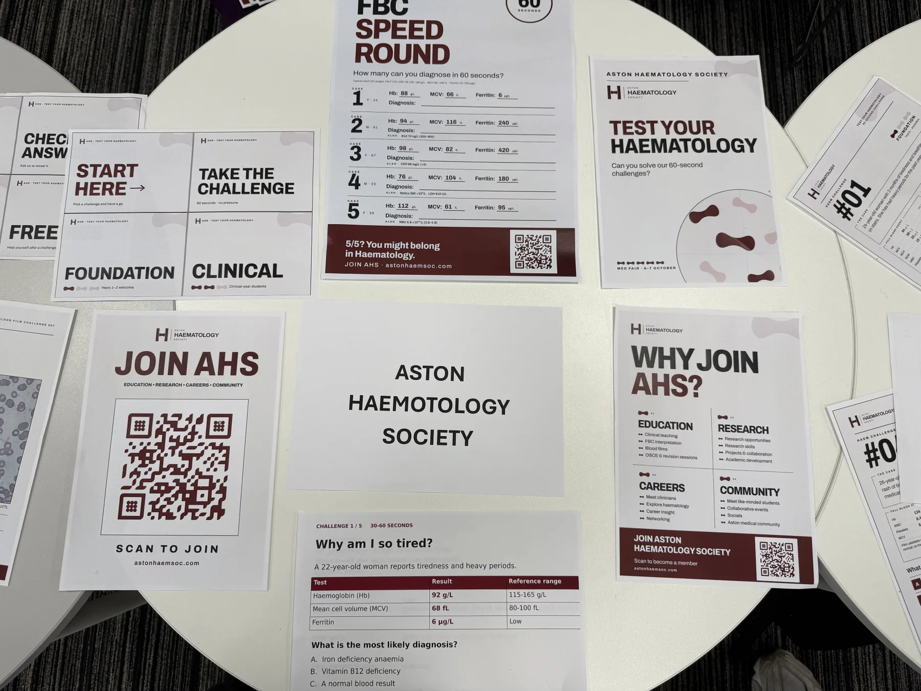 Aston Haematology Society Med Fair display with an FBC speed round and membership materials